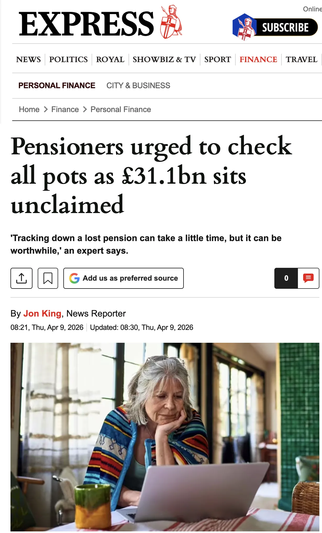Daily Express personal finance article led by a data point and expert quote